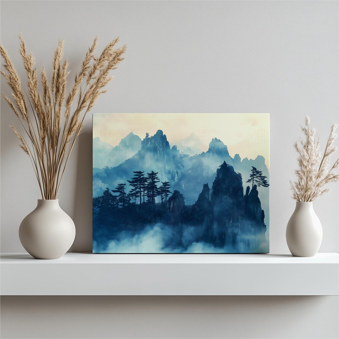 Misty Pine Mountain Peaks Blue Ink Wash Asian Landscape Print