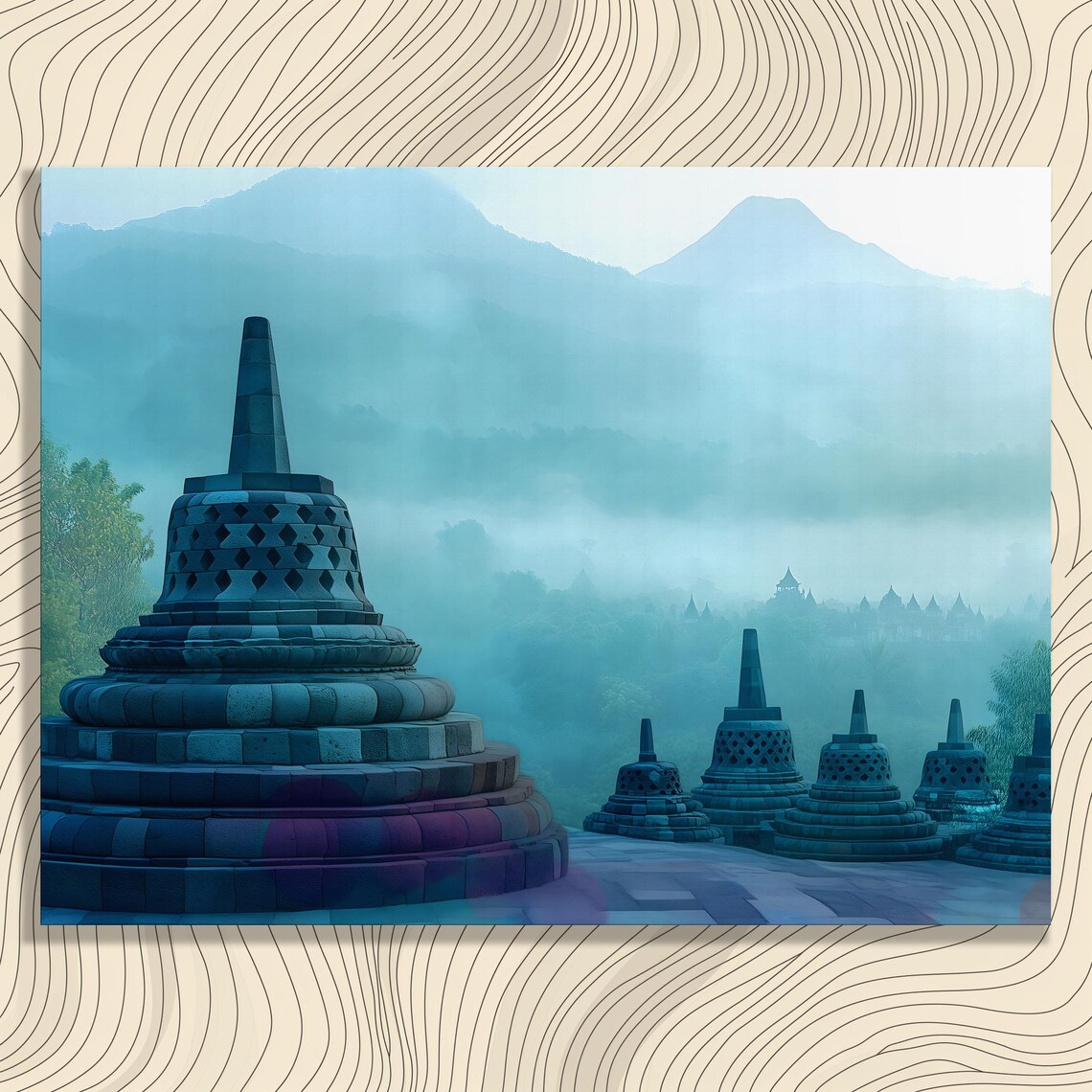 Borobudur Misty Ancient Stupas Mountain Temple Travel Art Poster