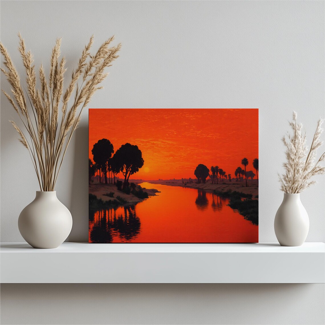 Nile River Sunset Glowing Palm Silhouettes Painting Wall Art