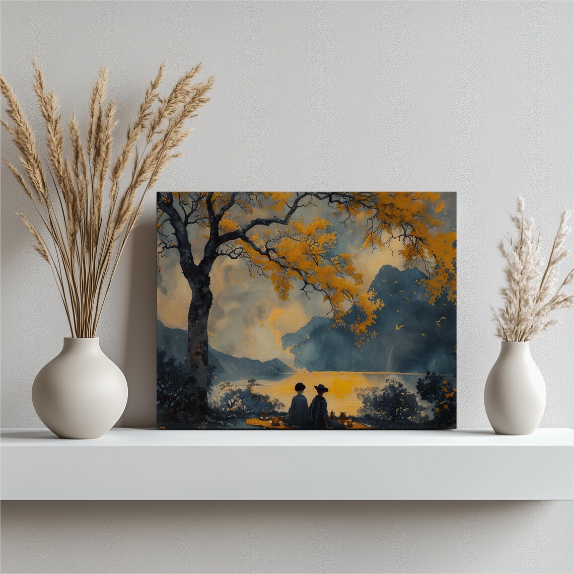 Golden Autumn Picnic By The Lake Moody Romantic Landscape Canvas Print