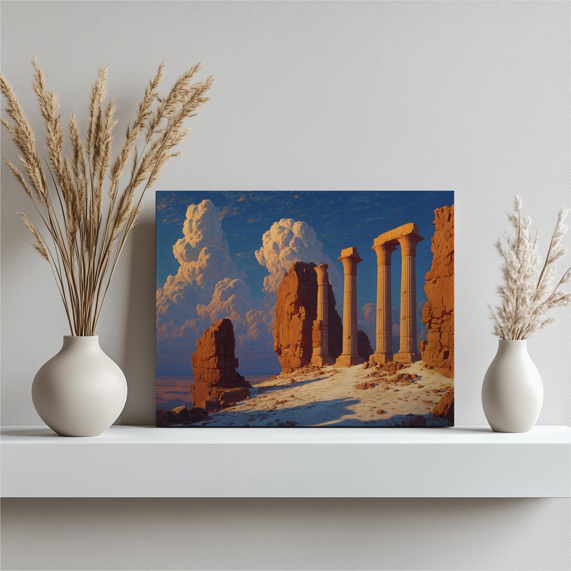 Surreal Desert Ruins Ancient Columns Dramatic Sky Art Poster