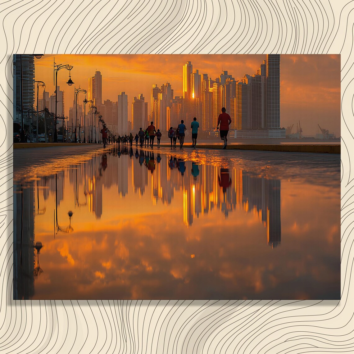 Golden Sunset City Skyline Waterfront Joggers Reflection Art Print