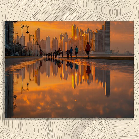 Sunset Urban Cityscape Canvas Wall Art Modern City Skyline Golden Hour Waterfront Reflections Skyscraper Street Glow Travel Photography