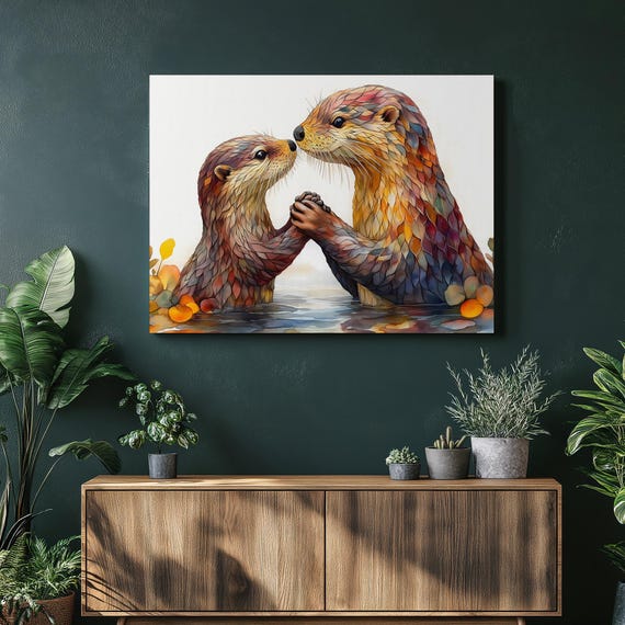 Otter Mother Pup Canvas Wall Art Watercolor Animal Illustration Holding Hands In River Nursery Decor Wildlife Gift Coastal Home