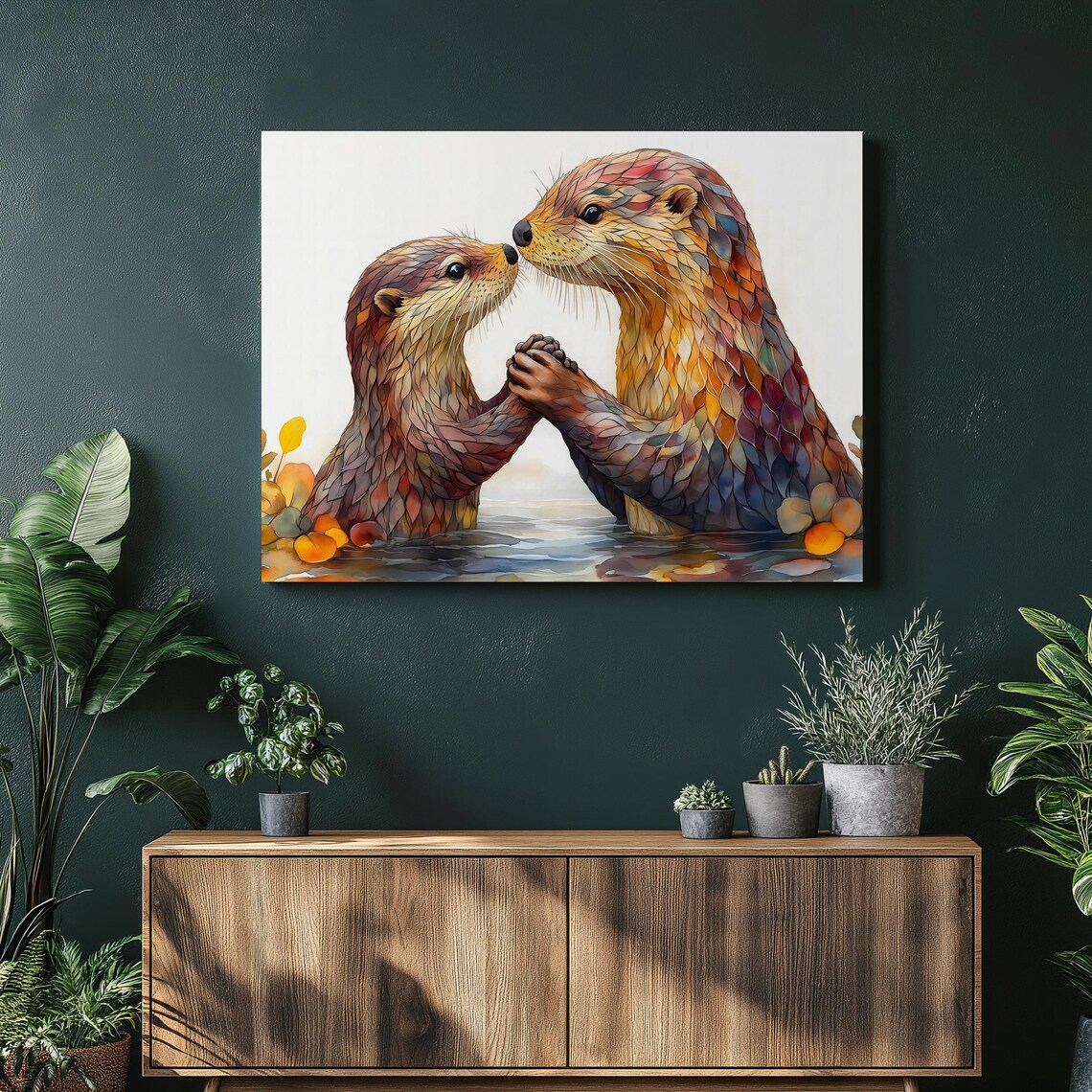 Otter Mother And Pup Sweet Wildlife Watercolor Mosaic Animal Poster