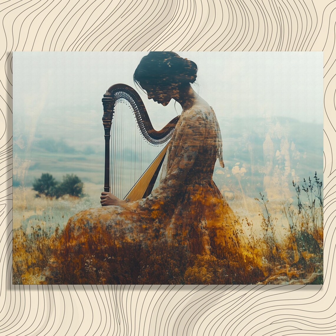 Woman Playing Harp Double Exposure Autumn Field Dreamy Art Poster