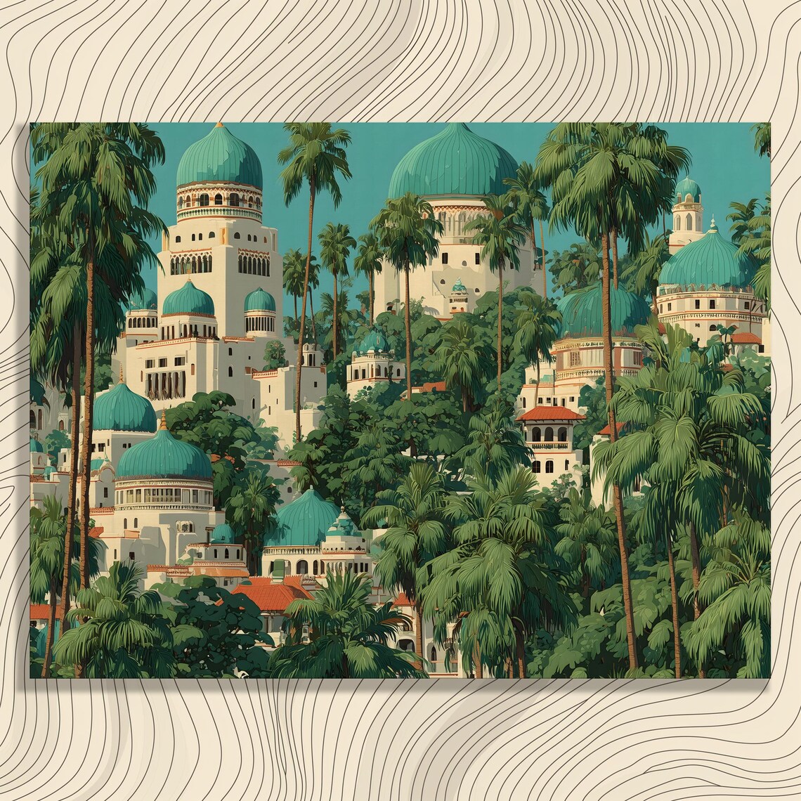 Tropical Cityscape Teal Domes Palm Trees Vintage Travel Poster