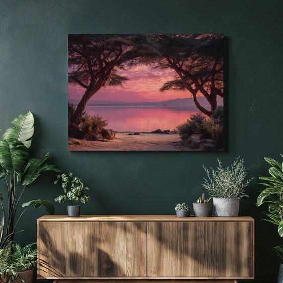 African Acacia Trees Over a Pink Lake at Sunset Canvas Wall Art