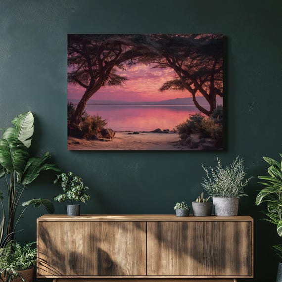 Stunning African Sunset Canvas Wall Art Serene Savannah Pink Lake Landscape Decor Print Framed Nature Photography Gift