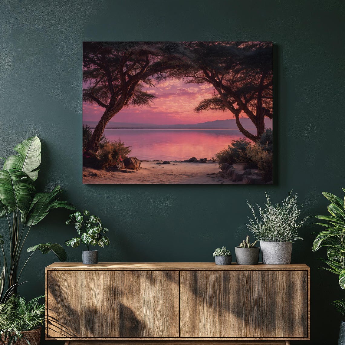 African Acacia Trees Over a Pink Lake at Sunset Canvas Wall Art