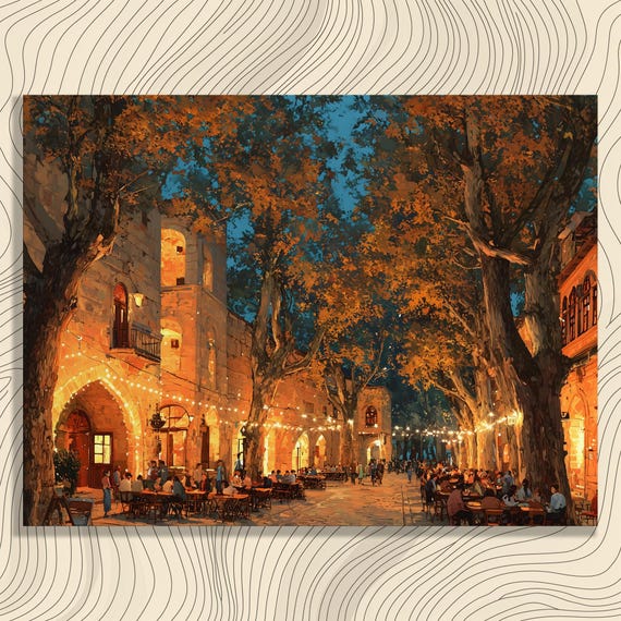 Outdoor Cafe Canvas Wall Art Glowing String Lights Over European Cobblestone Street Patio Autumn Foliage Urban Landscape City Scene