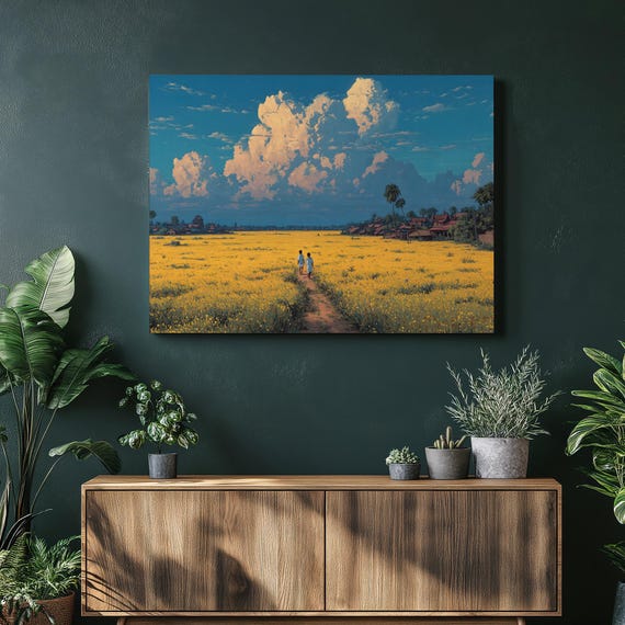Colorful Country Landscape Canvas Wall Art Blue Sky Clouds Village Path Over Yellow Blooming Field Rural Meadow Print Farmhouse Decor