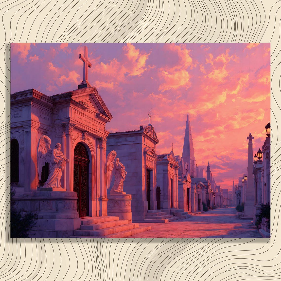 Historic Cemetery Mausoleums Glowing Under Pink Sunset Poster