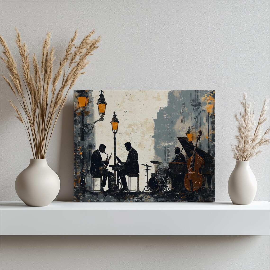 Jazz Musicians Lamppost Night Silhouette Warm Sepia Music Poster