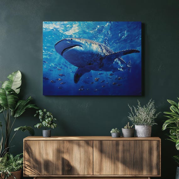 Whale Canvas Wall Art Enchanting Deep Blue Ocean Scene Soft Glow Aquarium Print For Home Decor Beautiful Sea Life Artwork Fine