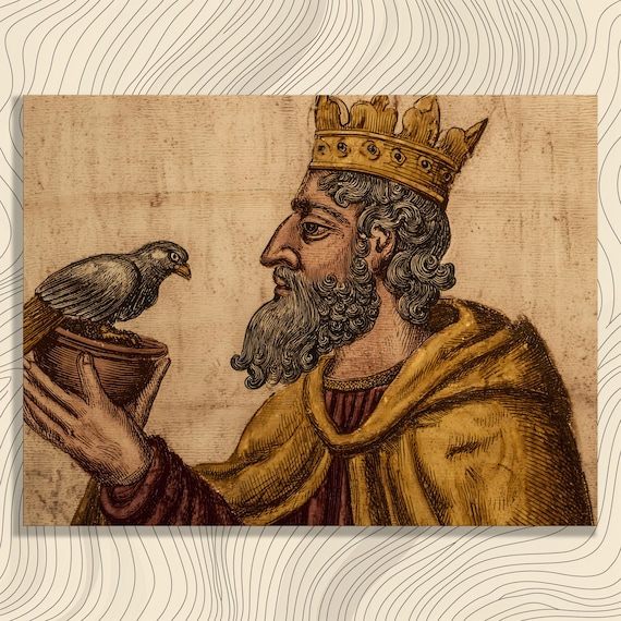 Crowned King Holding Bird Medieval Illustration Poster Vintage Royal