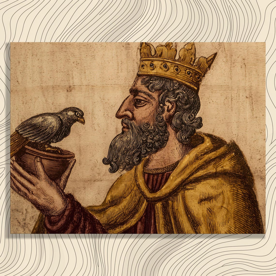 Crowned King Holding Bird Medieval Illustration Poster Vintage Royal
