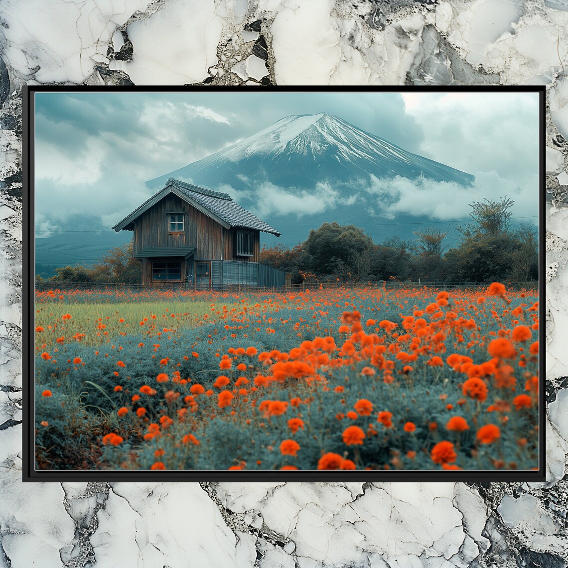 Mount Fuji Farmhouse Cosmos Flower Field Japan Landscape Poster