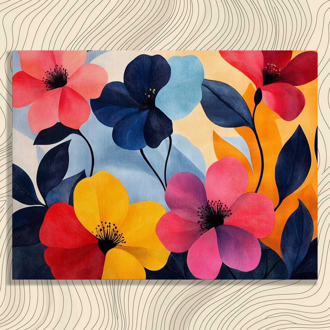 Bold Colorful Flowers With Navy Leaves Modern Botanical Poster