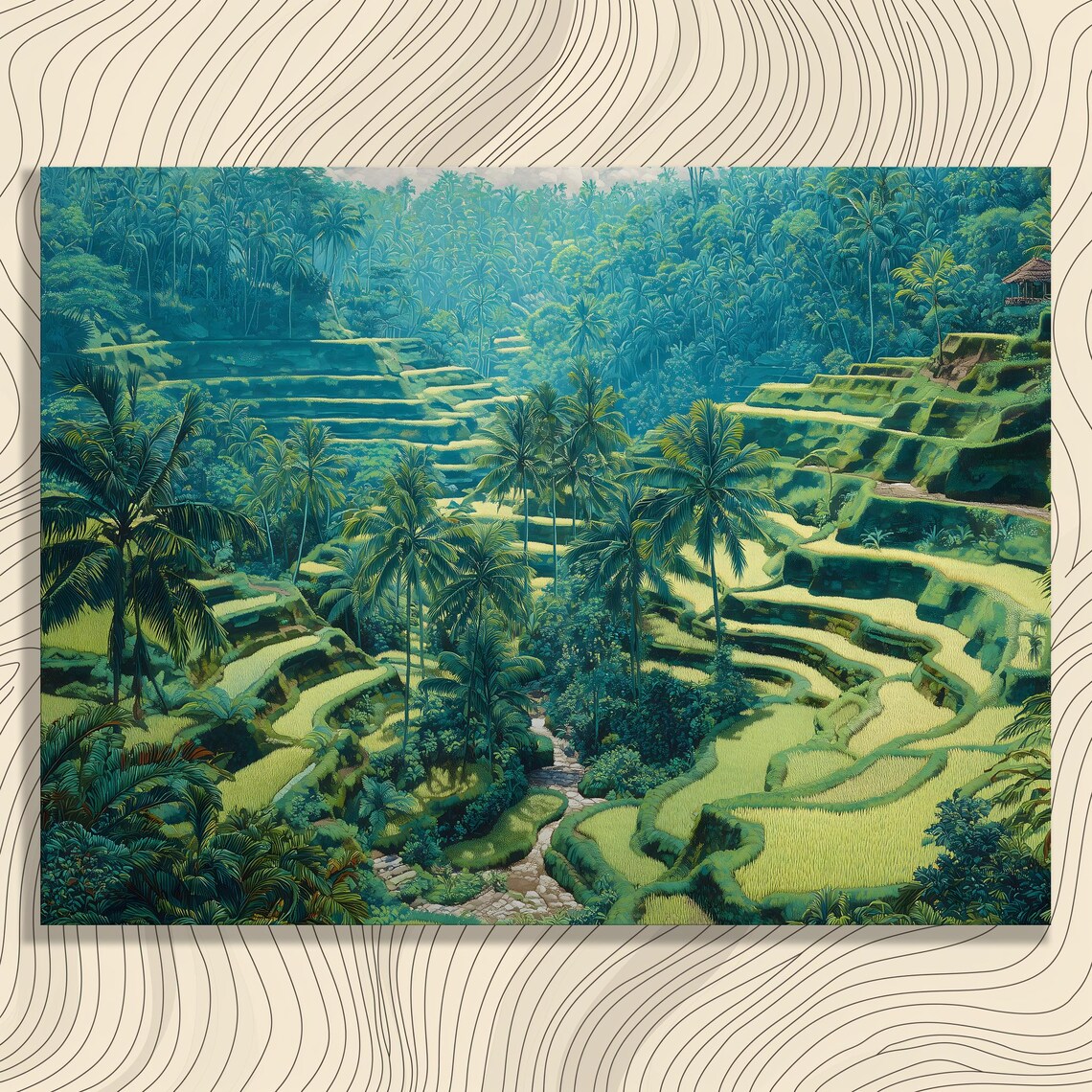 Tropical Rice Terraces Palm Trees Lush Green Valley Landscape Art Poster