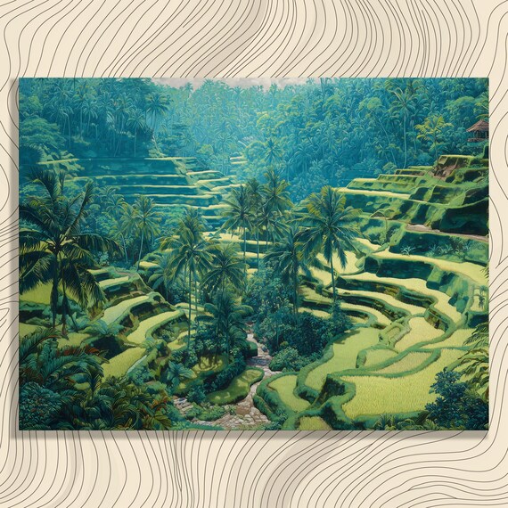 Tropical Rice Terraces Palm Trees Lush Green Valley Landscape Art Poster