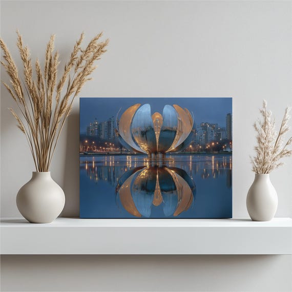 Argentina Cityscape Canvas Wall Art Floralis Generica Buenos Aires Steel Flower Skyline Reflection At Dusk Modern Architecture Print