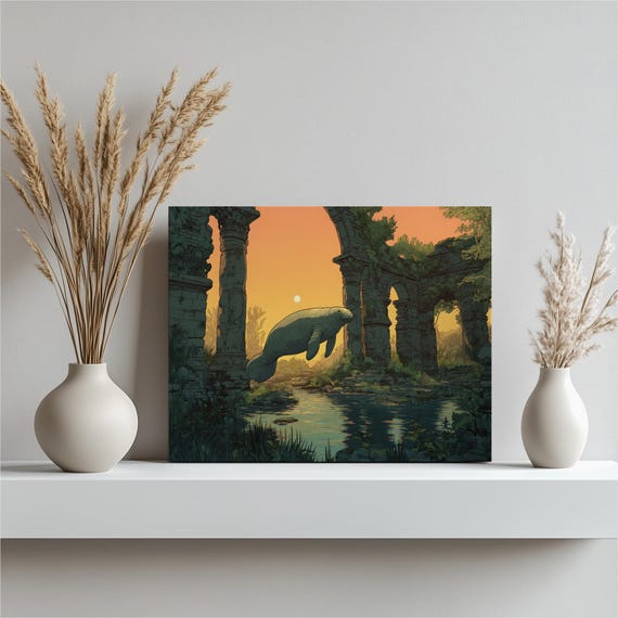 Surreal Manatee Canvas Wall Art Ancient Ruins Archway River Sunset Nature Decor Modern Wildlife Print Water Reflection Landscape