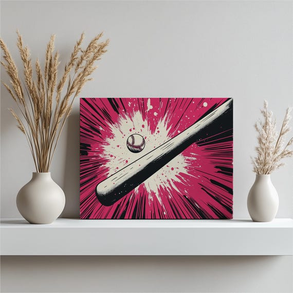 Baseball Art Print Canvas Wall Explosion Illustration With Bat Motion Modern Pink Black Sports Decor For Game Room Office Teen Gift