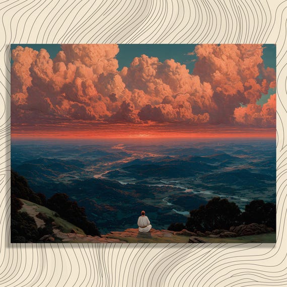 Sunset Mountain Valley Canvas Wall Art Dramatic Clouds Landscape Glowing Horizon Robed Figure Overlooking River Serene Nature Decor
