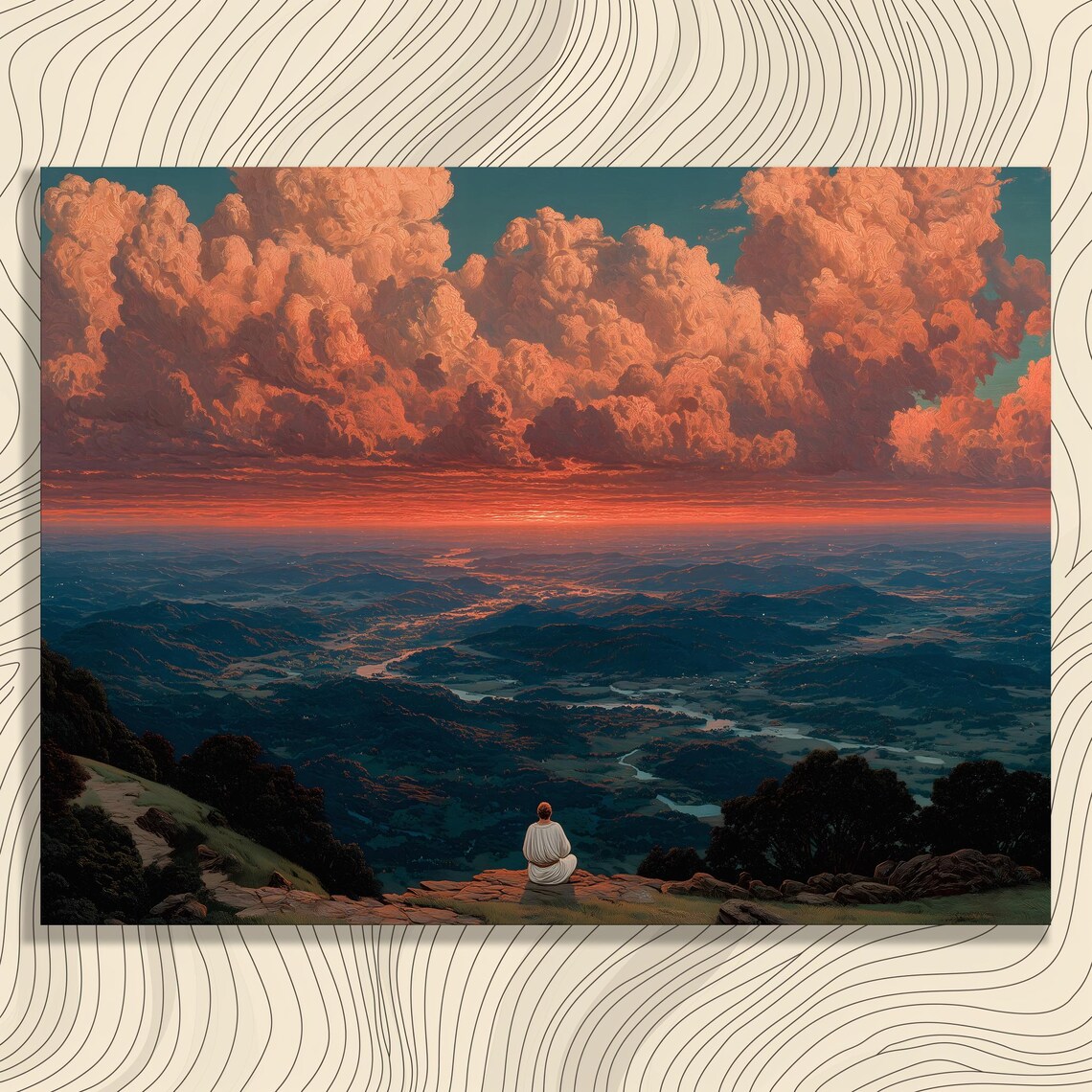 Sunset Mountain Valley Meditating Figure Dramatic Clouds Poster
