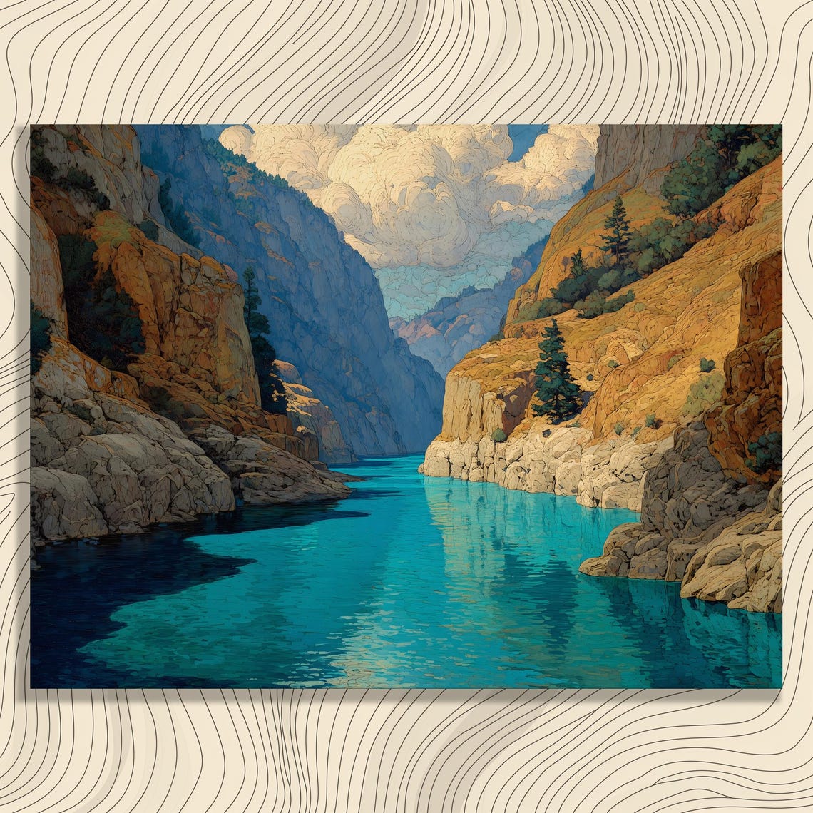 Turquoise Canyon River Between Golden Cliffs Landscape Print