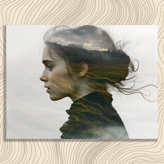 Surreal Double Exposure Canvas Wall Art Rustic Farmhouse Abstract Design Modern Landscape Print Decor Gift For Nature Lovers
