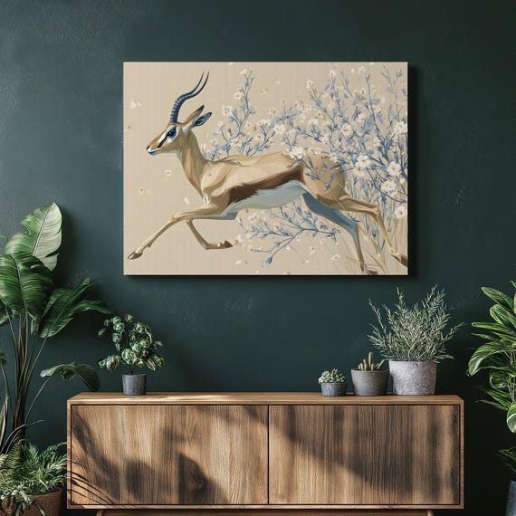 Minimalist Gazelle Blossoms Canvas Wall Art Modern Botanical Decor In Beige And Blue Floral Print Nature Antelope Illustration