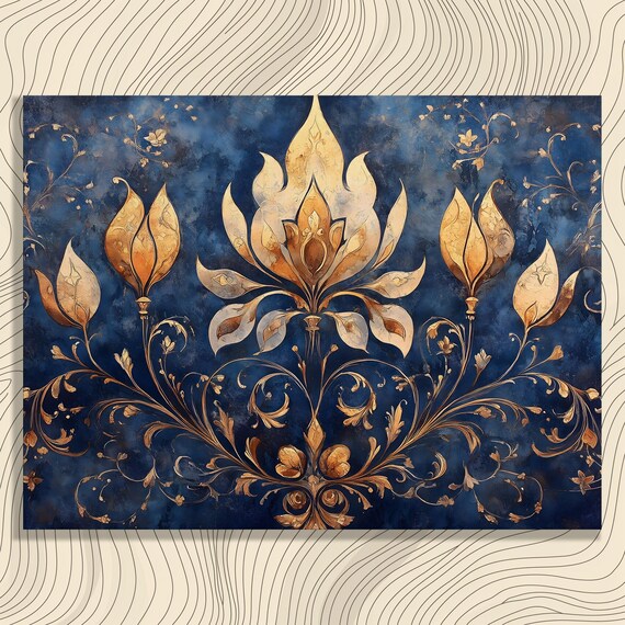 Baroque Gold Floral Ornament Navy Blue Luxury Symmetrical Poster Art