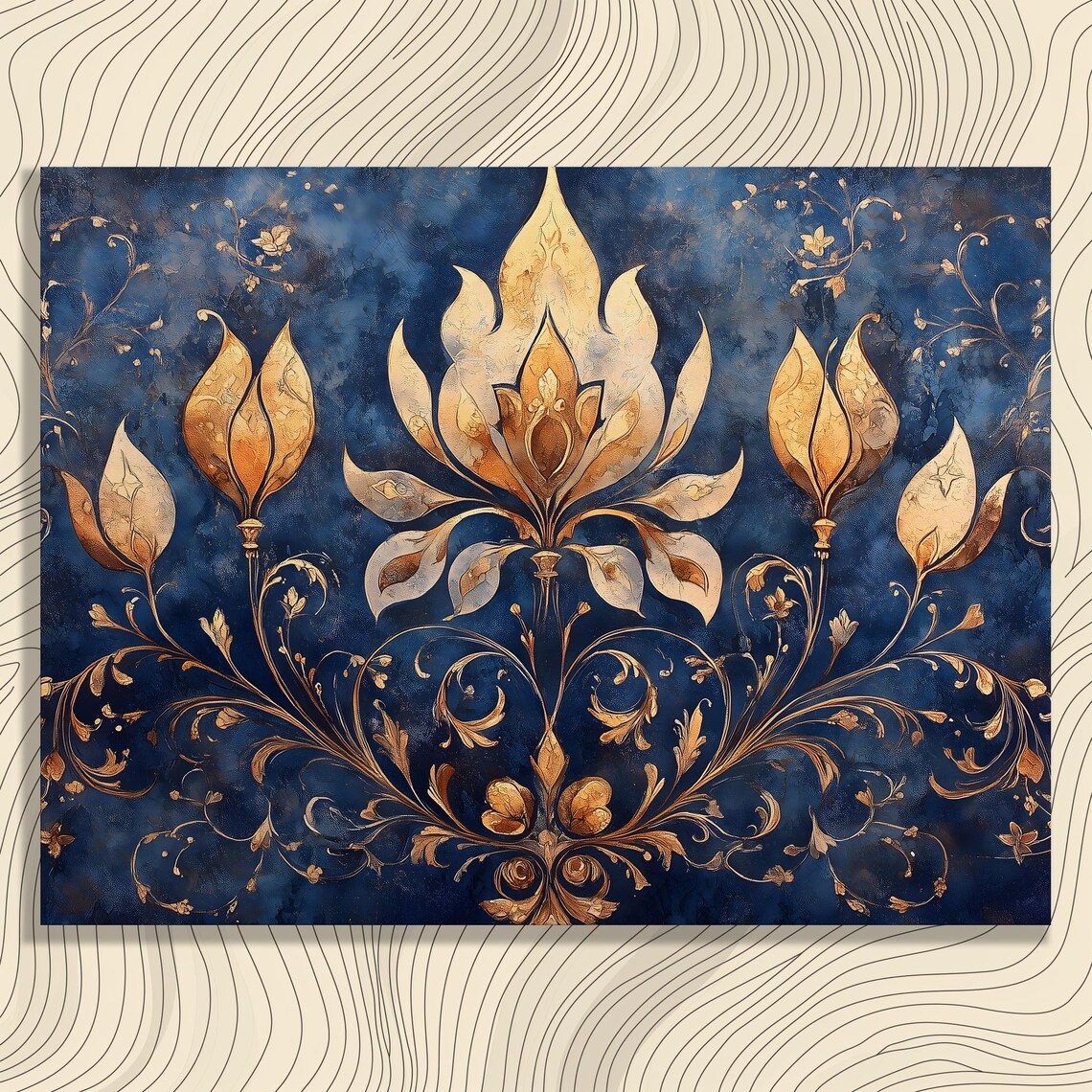 Baroque Gold Floral Ornament Navy Blue Luxury Symmetrical Poster Art