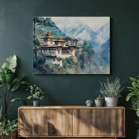 Watercolor Bhutan Monastery Canvas Wall Art Serene Buddhist Temple In Himalayas With Tibetan Flags Mountains Landscape Home Decor