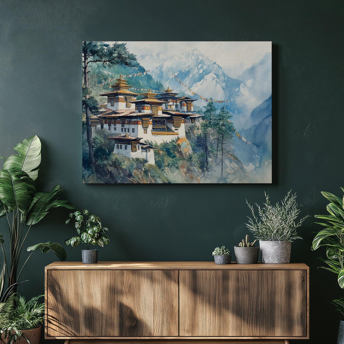 Himalayan Monastery Cliff Mountain Mist Watercolor Painting Poster