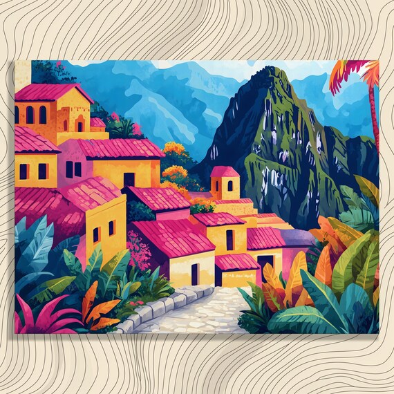 Colorful Tropical Mountain Village Vibrant Travel Style Landscape Wall Art