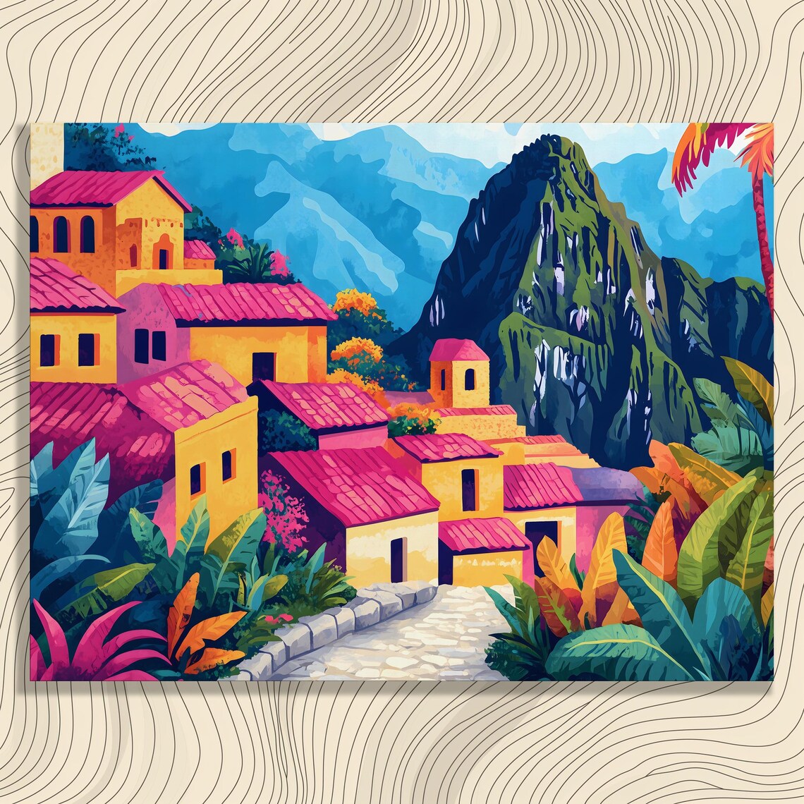 Colorful Tropical Mountain Village Vibrant Travel Style Landscape Wall Art