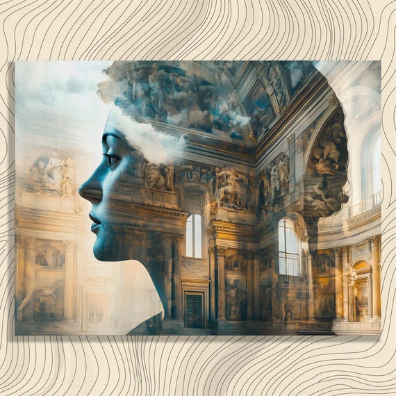Female Profile Canvas Wall Art Classical Cathedral Interior Fresco Murals With Vaulted Ceiling Blue And Gold Portrait