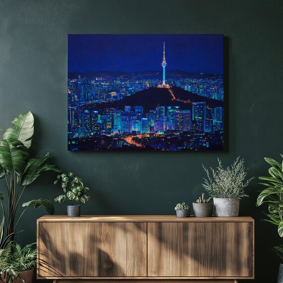 Neon City Skyline Canvas Wall Art Night Cityscape Print Modern Urban Decor Colorful Lights Painting Vibrant