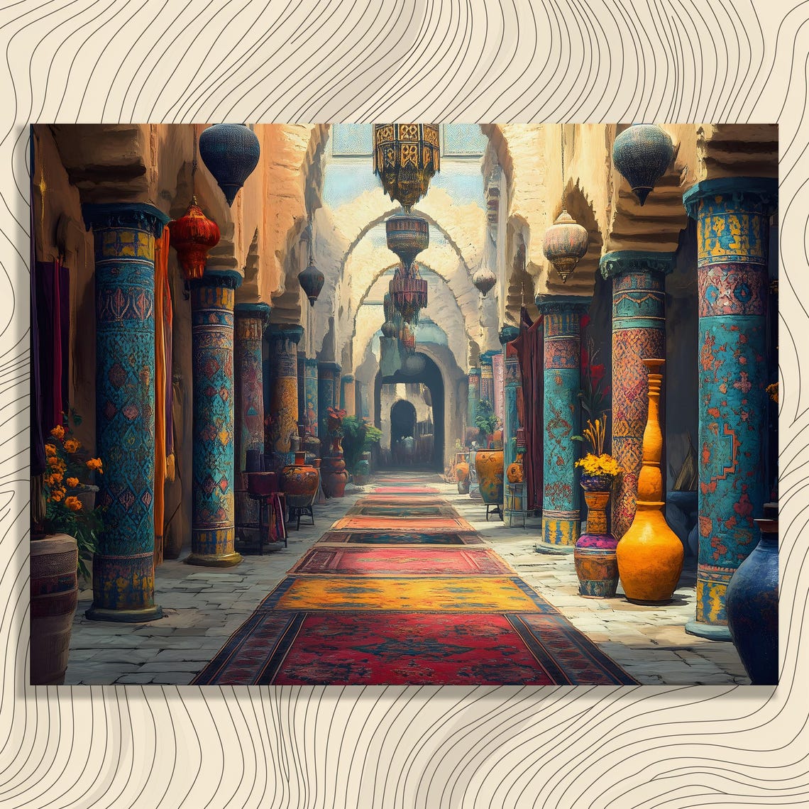 Moroccan Bazaar Sunlit Corridor Painted Columns Lanterns Poster