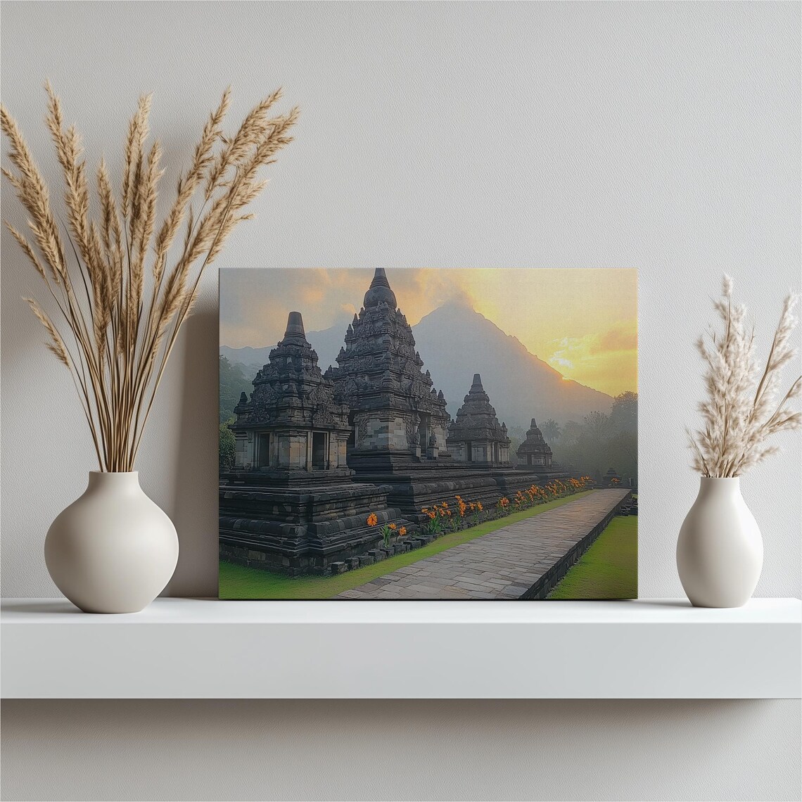 Ancient Southeast Asian Temple Sunrise Volcano Landscape Art Poster