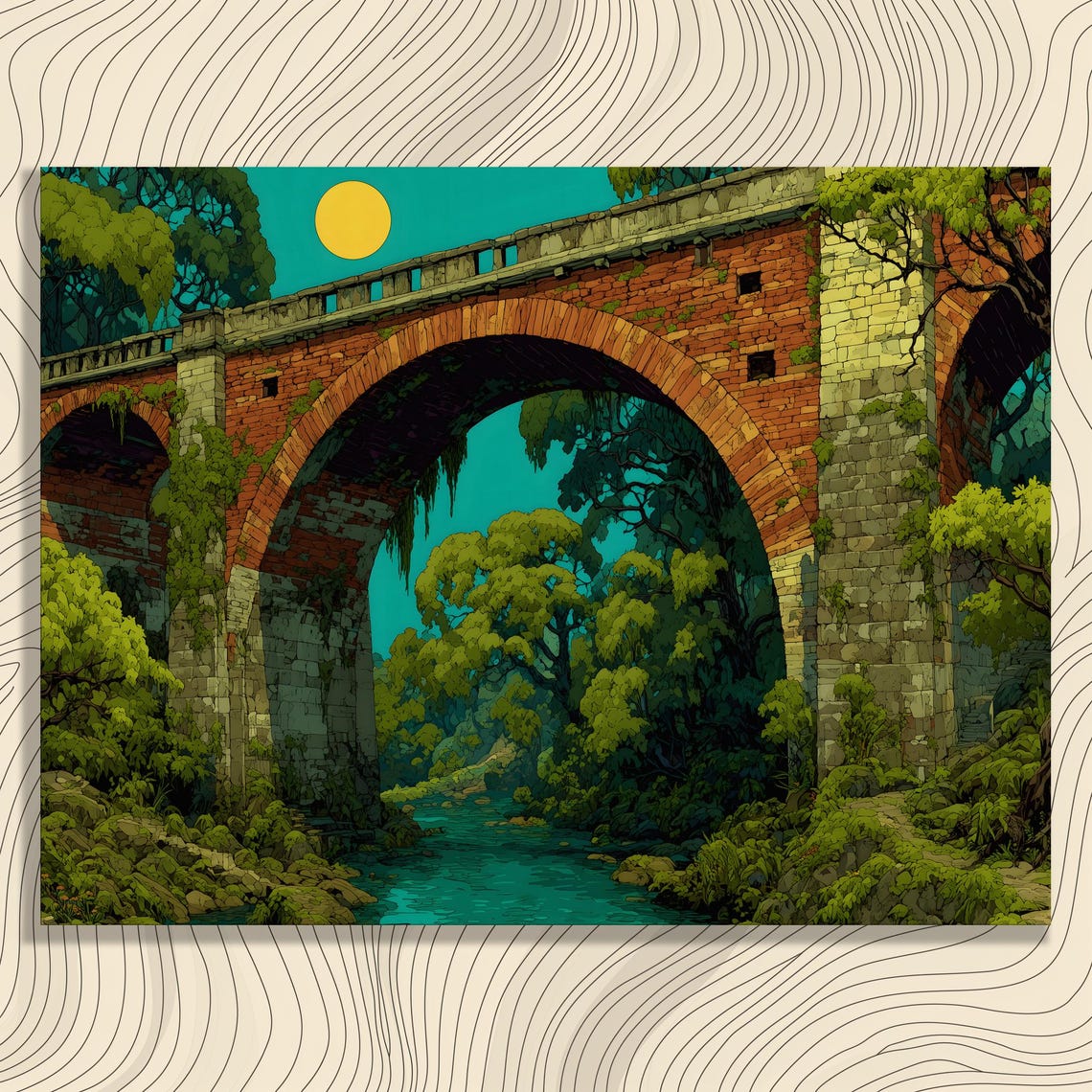 Moonlit Brick Viaduct Bridge Forest Stream Magical Art Poster