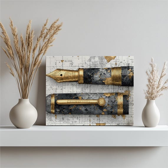 Elegant Fountain Pen Canvas Wall Art Luxury Desk Decor Print For Writers Calligraphy Gift Vintage Stationery Illustration Poster