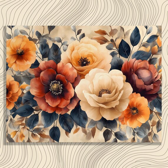 Peach Rust And Cream Floral Bouquet Watercolor Botanical Poster