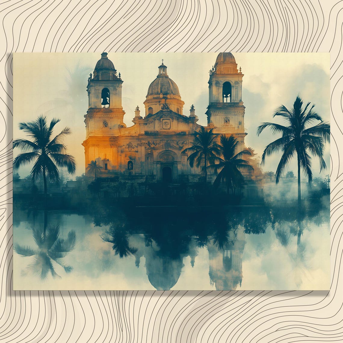 Vintage Tropical Cathedral Canvas Wall Art Palm Trees Reflection Print Misty Landscape Painting Gothic Architecture Decor Serene