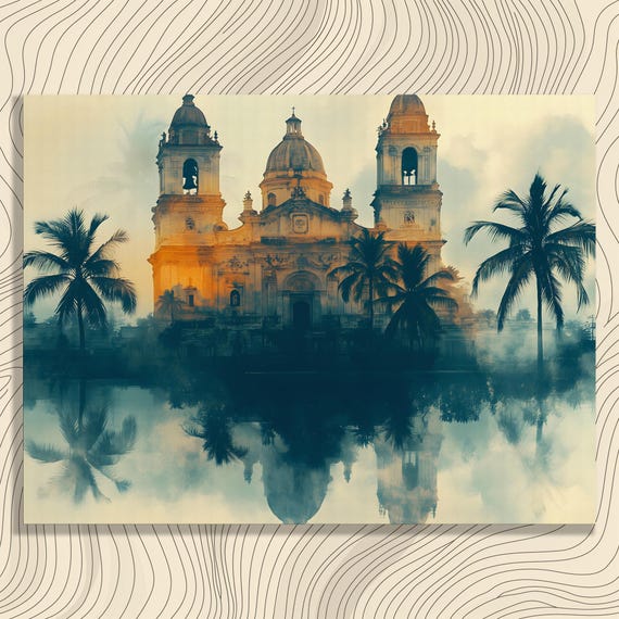 Vintage Tropical Cathedral Canvas Wall Art Palm Trees Reflection Print Misty Landscape Painting Gothic Architecture Decor Serene