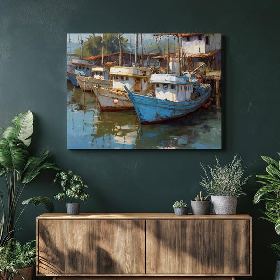 Harbor Fishing Boat Canvas Wall Art Nautical Coastal Print Dockside Decor Sea Dock Painting Rustic