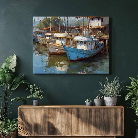 Weathered Fishing Boats Moored in a Quiet Harbor Oil Painting Poster